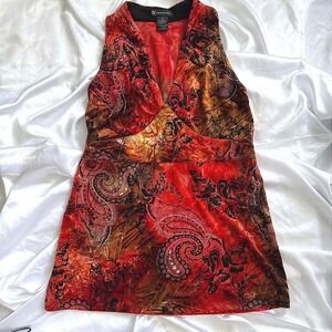 INC International Concepts Red Paisley Velvet V-Neck Sleeveless Top Womens M